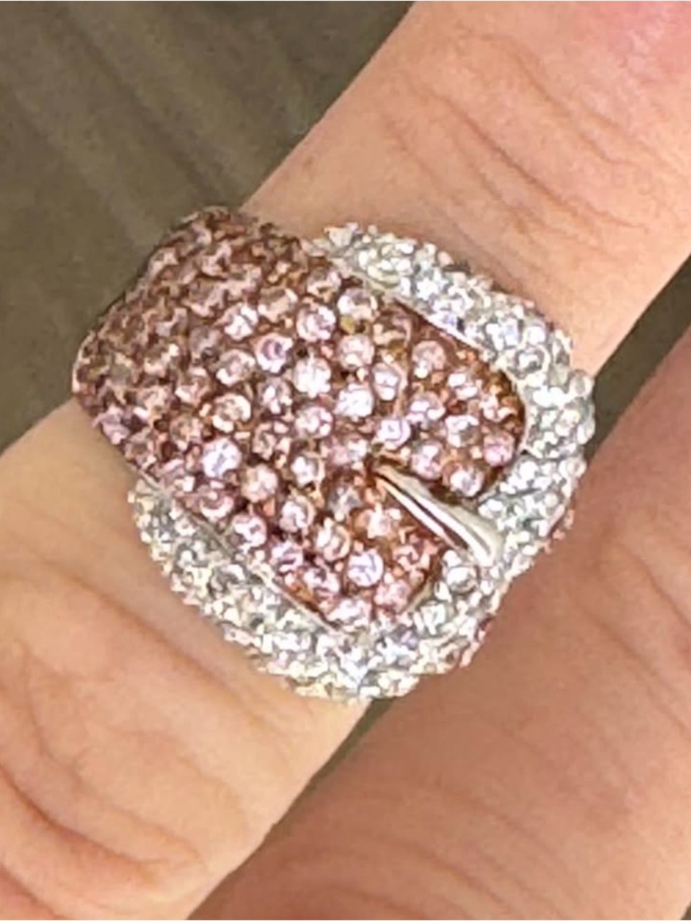 Pink and Silver Pave Crystal Buckle Ring